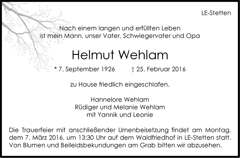  Traueranzeige für Helmut Wehlam vom 01.03.2016 aus Stuttgarter Zeitung / Stuttgarter Nachrichten