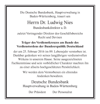 Traueranzeige von Ludwig Nies von Stuttgarter Zeitung / Stuttgarter Nachrichten