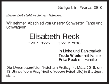 Traueranzeige von Elisabeth Reck von Stuttgarter Zeitung / Stuttgarter Nachrichten
