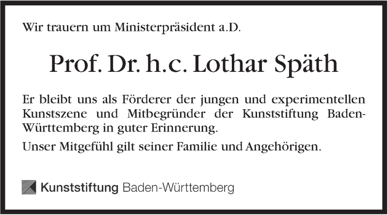  Traueranzeige für Lothar Späth vom 26.03.2016 aus Stuttgarter Zeitung / Stuttgarter Nachrichten