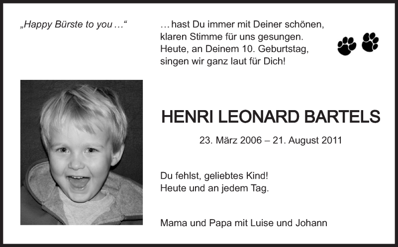  Traueranzeige für Henri Leonard Bartels vom 23.03.2016 aus Stuttgarter Zeitung / Stuttgarter Nachrichten