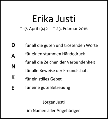 Traueranzeige von Erika Justi von Stuttgarter Zeitung / Stuttgarter Nachrichten