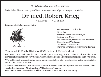 Traueranzeige von Robert Krieg von Stuttgarter Zeitung / Stuttgarter Nachrichten