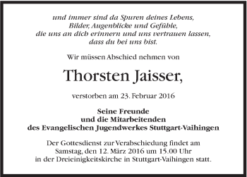Traueranzeige von Thorsten Jaisser von Stuttgarter Zeitung / Stuttgarter Nachrichten