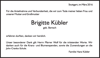 Traueranzeige von Brigitte Kübler von Stuttgarter Zeitung / Stuttgarter Nachrichten