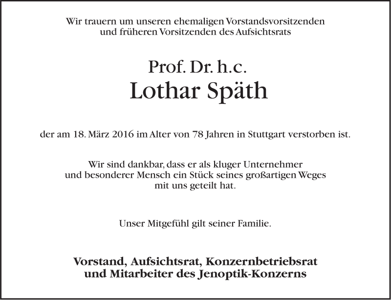  Traueranzeige für Lothar Späth vom 22.03.2016 aus Stuttgarter Zeitung / Stuttgarter Nachrichten