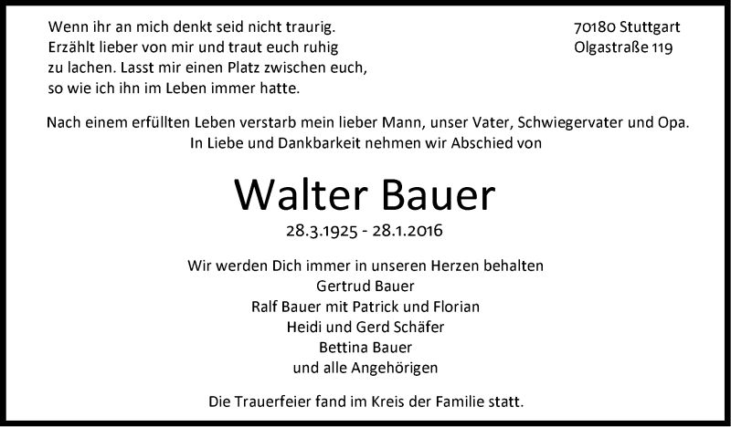  Traueranzeige für Walter Bauer vom 19.02.2016 aus Stuttgarter Zeitung / Stuttgarter Nachrichten