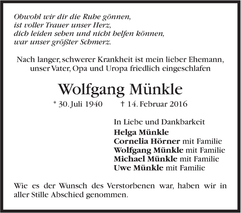  Traueranzeige für Wolfgang Münkle vom 05.03.2016 aus Stuttgarter Zeitung / Stuttgarter Nachrichten