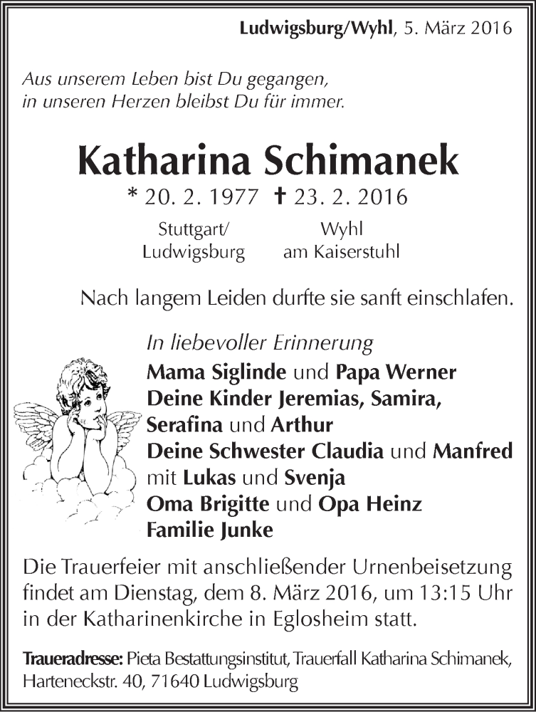  Traueranzeige für Katharina Schimanek vom 05.03.2016 aus Stuttgarter Zeitung / Stuttgarter Nachrichten