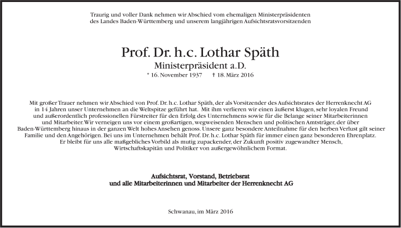  Traueranzeige für Lothar Späth vom 22.03.2016 aus Stuttgarter Zeitung / Stuttgarter Nachrichten