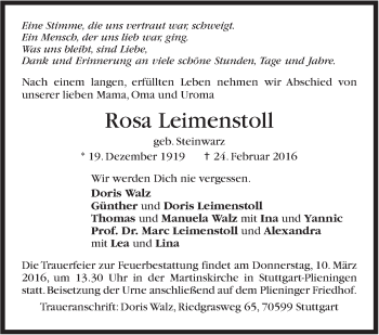 Traueranzeige von Rosa Leimenstoll von Stuttgarter Zeitung / Stuttgarter Nachrichten
