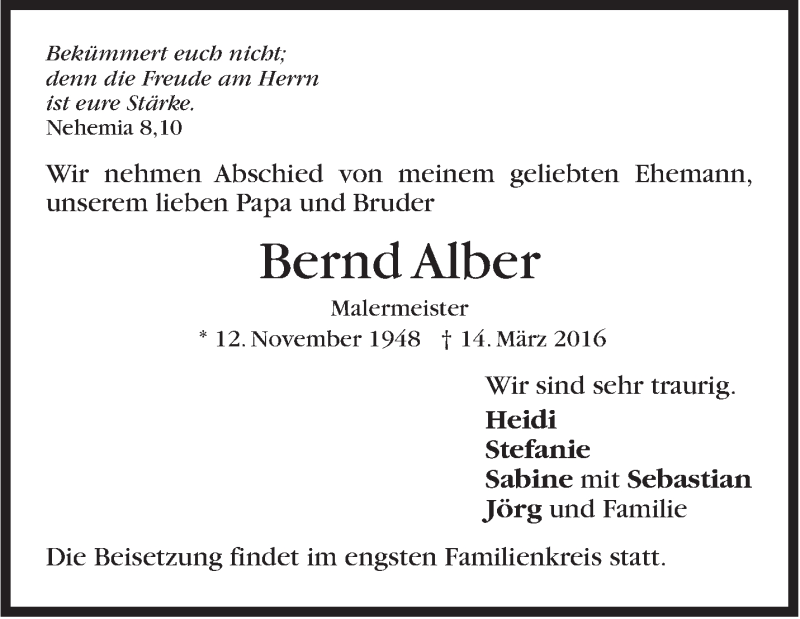  Traueranzeige für Bernd Alber vom 19.03.2016 aus Stuttgarter Zeitung / Stuttgarter Nachrichten