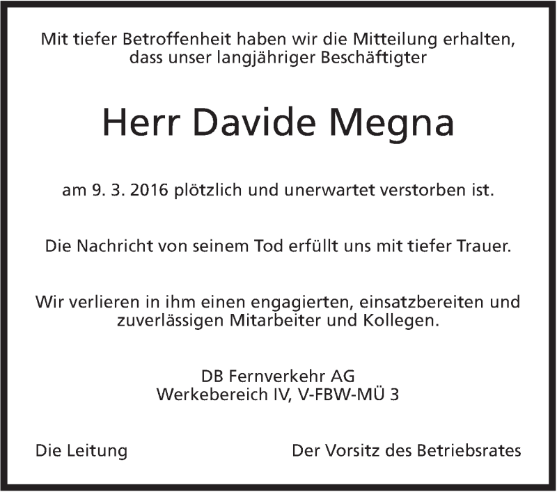  Traueranzeige für Davide Megna vom 19.03.2016 aus Stuttgarter Zeitung / Stuttgarter Nachrichten