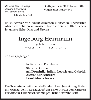 Traueranzeige von Ingeborg Herrmann von Stuttgarter Zeitung / Stuttgarter Nachrichten
