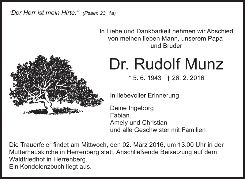  Traueranzeige für Rudolf Munz vom 29.02.2016 aus Stuttgarter Zeitung / Stuttgarter Nachrichten