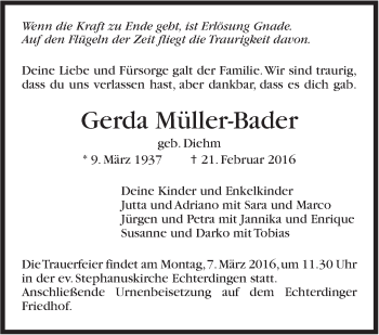 Traueranzeige von Gerda Müller-Bader von Stuttgarter Zeitung / Stuttgarter Nachrichten