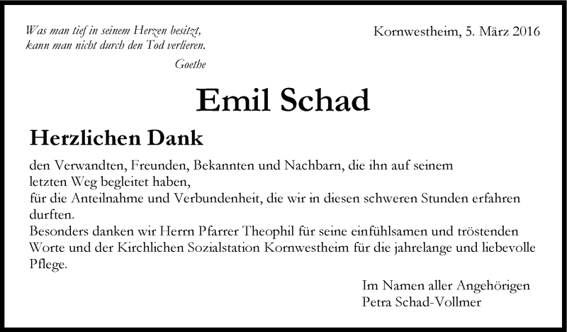  Traueranzeige für Emil Schad vom 05.03.2016 aus Stuttgarter Zeitung / Stuttgarter Nachrichten