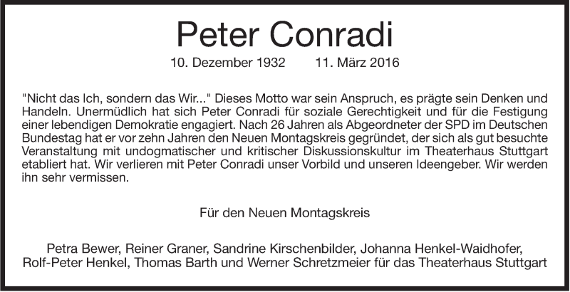  Traueranzeige für Peter Conradi vom 15.03.2016 aus Stuttgarter Zeitung / Stuttgarter Nachrichten