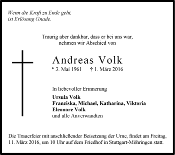 Traueranzeige von Andreas Volk von Stuttgarter Zeitung / Stuttgarter Nachrichten