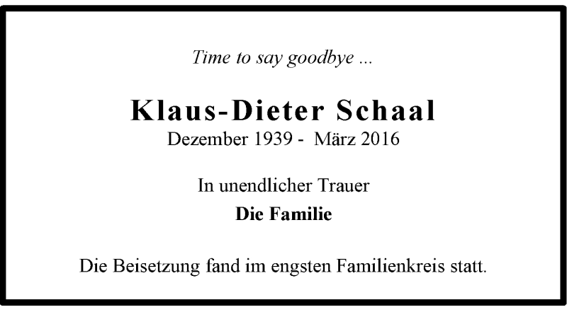  Traueranzeige für Klaus-Dieter Schaal vom 02.04.2016 aus Stuttgarter Zeitung / Stuttgarter Nachrichten
