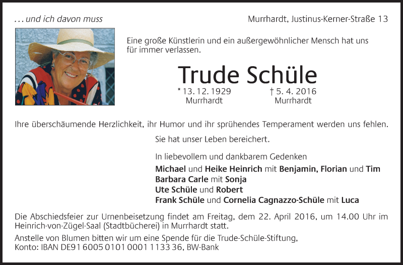  Traueranzeige für Trude Schüle vom 09.04.2016 aus Stuttgarter Zeitung / Stuttgarter Nachrichten