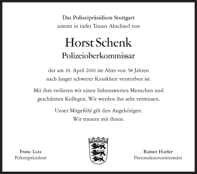  Traueranzeige für Horst Schenk vom 18.04.2016 aus Stuttgarter Zeitung / Stuttgarter Nachrichten