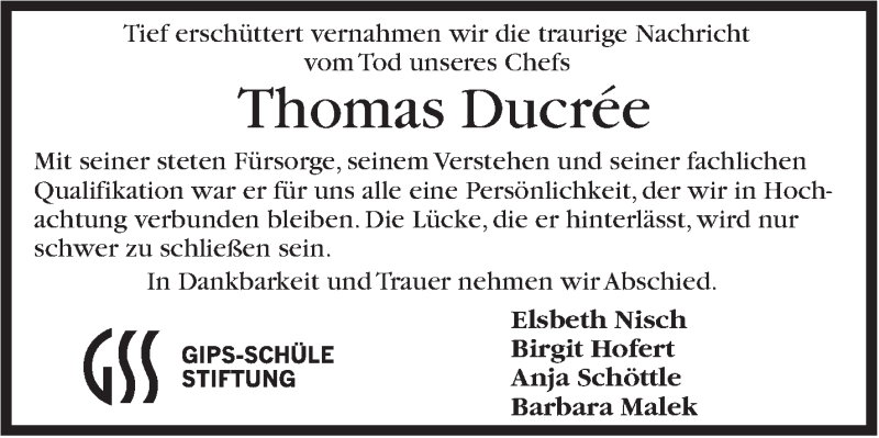  Traueranzeige für Thomas Ducrée vom 30.04.2016 aus Stuttgarter Zeitung / Stuttgarter Nachrichten
