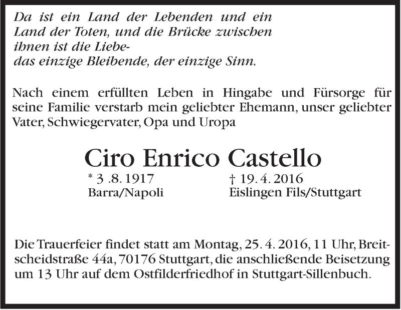  Traueranzeige für Ciro Enrico Castello vom 23.04.2016 aus Stuttgarter Zeitung / Stuttgarter Nachrichten