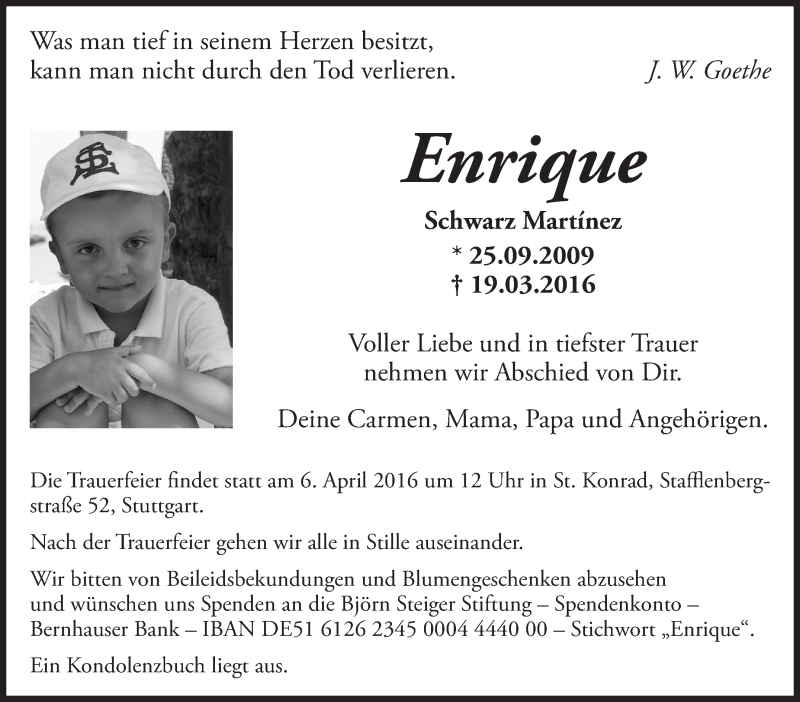  Traueranzeige für Enrique Schwarz Martinez vom 02.04.2016 aus Stuttgarter Zeitung / Stuttgarter Nachrichten