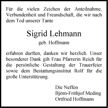 Traueranzeige von Sigrid Lehmann von Stuttgarter Zeitung / Stuttgarter Nachrichten