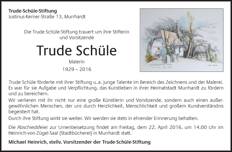  Traueranzeige für Trude Schüle vom 09.04.2016 aus Stuttgarter Zeitung / Stuttgarter Nachrichten