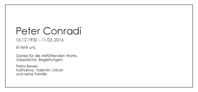  Traueranzeige für Peter Conradi vom 23.04.2016 aus Stuttgarter Zeitung / Stuttgarter Nachrichten