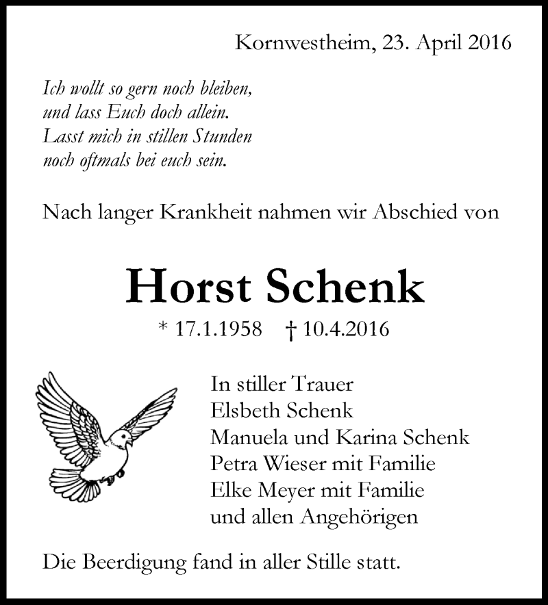 Traueranzeige für Horst Schenk vom 23.04.2016 aus Stuttgarter Zeitung / Stuttgarter Nachrichten