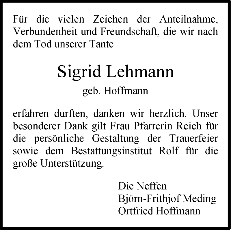  Traueranzeige für Sigrid Lehmann vom 01.04.2016 aus Stuttgarter Zeitung / Stuttgarter Nachrichten