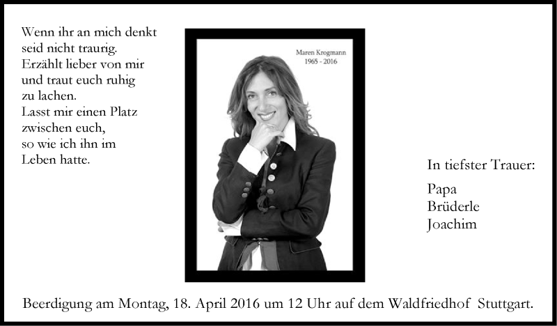  Traueranzeige für Maren Krogmann vom 13.04.2016 aus Stuttgarter Zeitung / Stuttgarter Nachrichten