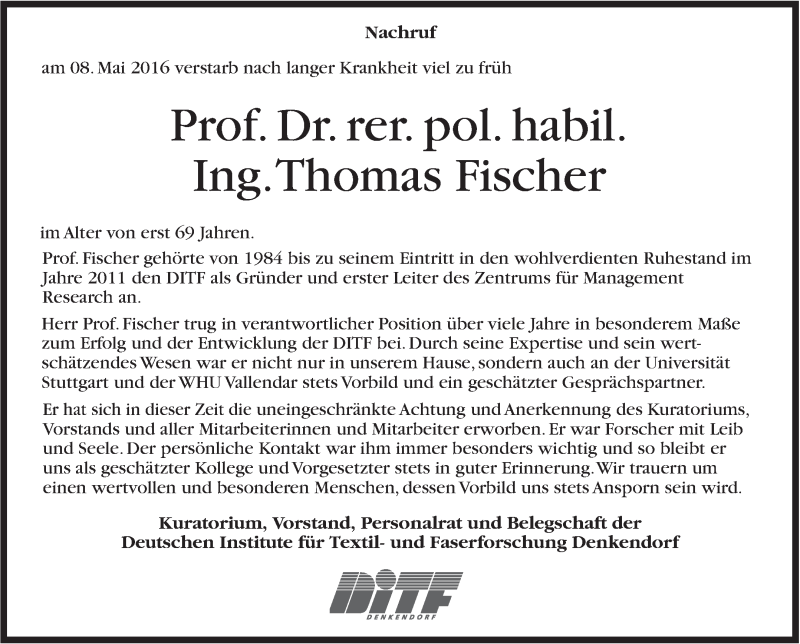 Traueranzeige für Thomas Fischer vom 19.05.2016 aus Stuttgarter Zeitung / Stuttgarter Nachrichten