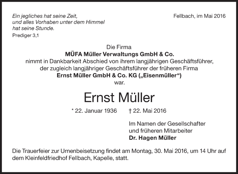  Traueranzeige für Ernst Müller vom 28.05.2016 aus Stuttgarter Zeitung / Stuttgarter Nachrichten