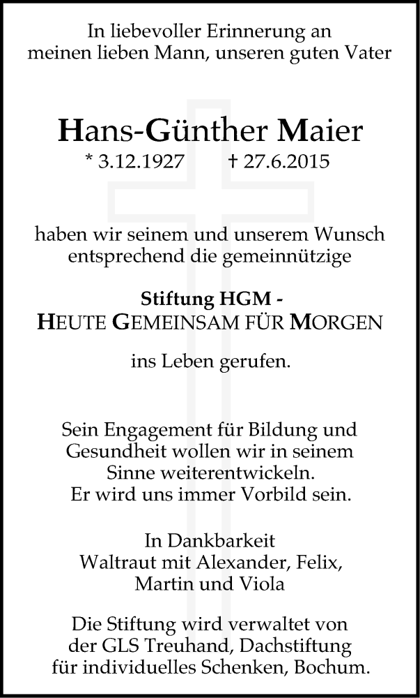  Traueranzeige für Hans-Günther Maier vom 25.06.2016 aus Stuttgarter Zeitung / Stuttgarter Nachrichten