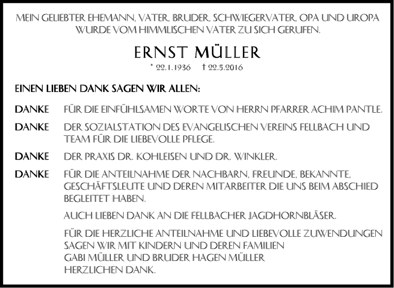  Traueranzeige für Ernst Müller vom 04.06.2016 aus Stuttgarter Zeitung / Stuttgarter Nachrichten
