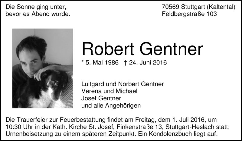  Traueranzeige für Robert Gentner vom 25.06.2016 aus Stuttgarter Zeitung / Stuttgarter Nachrichten