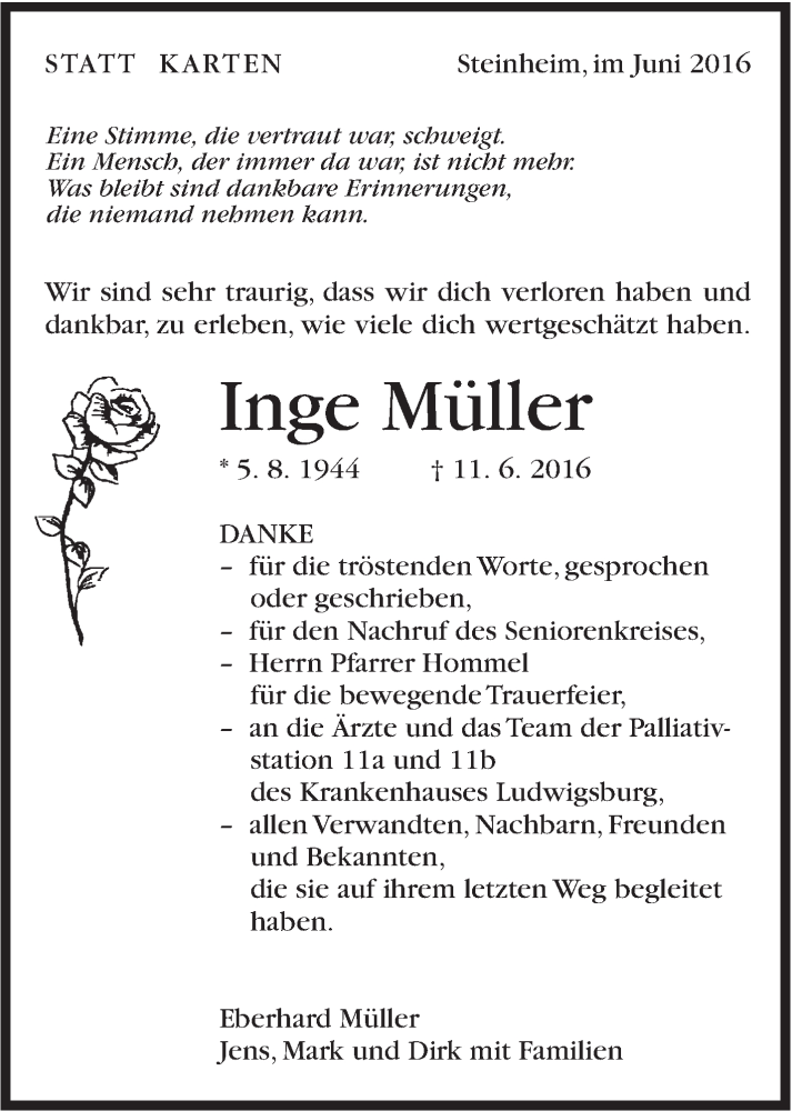  Traueranzeige für Inge Müller vom 30.06.2016 aus Stuttgarter Zeitung / Stuttgarter Nachrichten