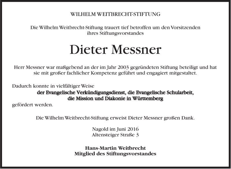  Traueranzeige für Dieter Messner vom 30.06.2016 aus Stuttgarter Zeitung / Stuttgarter Nachrichten
