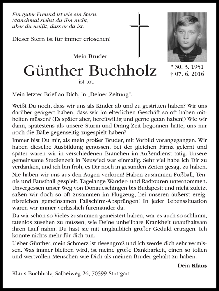  Traueranzeige für Günther Buchholz vom 11.06.2016 aus Stuttgarter Zeitung / Stuttgarter Nachrichten