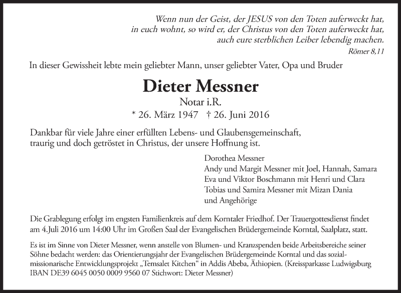  Traueranzeige für Dieter Messner vom 30.06.2016 aus Stuttgarter Zeitung / Stuttgarter Nachrichten