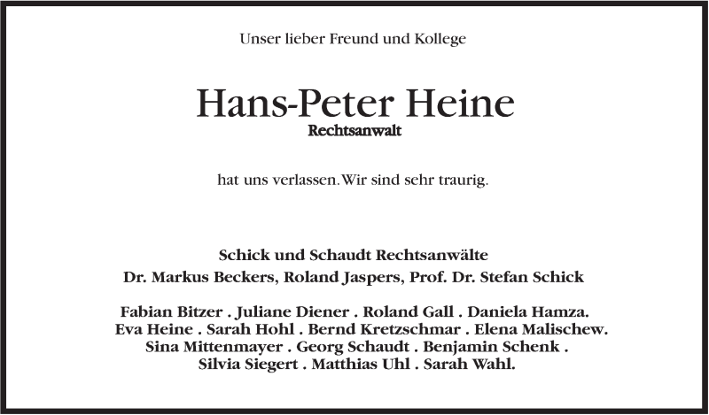  Traueranzeige für Hans-Peter Heine vom 08.06.2016 aus Stuttgarter Zeitung / Stuttgarter Nachrichten