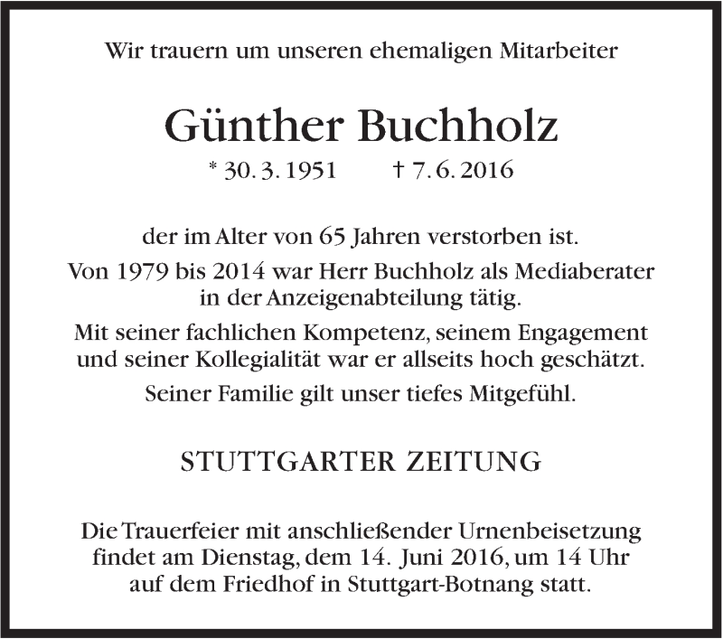  Traueranzeige für Günther Buchholz vom 09.06.2016 aus Stuttgarter Zeitung / Stuttgarter Nachrichten