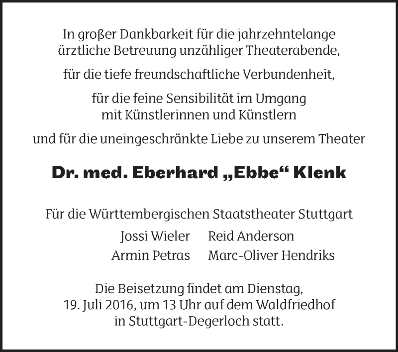  Traueranzeige für Eberhard Klenk vom 19.07.2016 aus Stuttgarter Zeitung / Stuttgarter Nachrichten