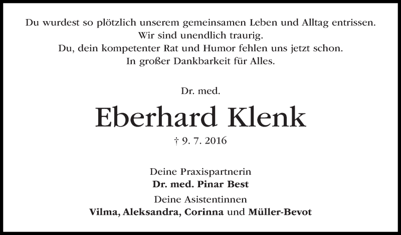  Traueranzeige für Eberhard Klenk vom 16.07.2016 aus Stuttgarter Zeitung / Stuttgarter Nachrichten