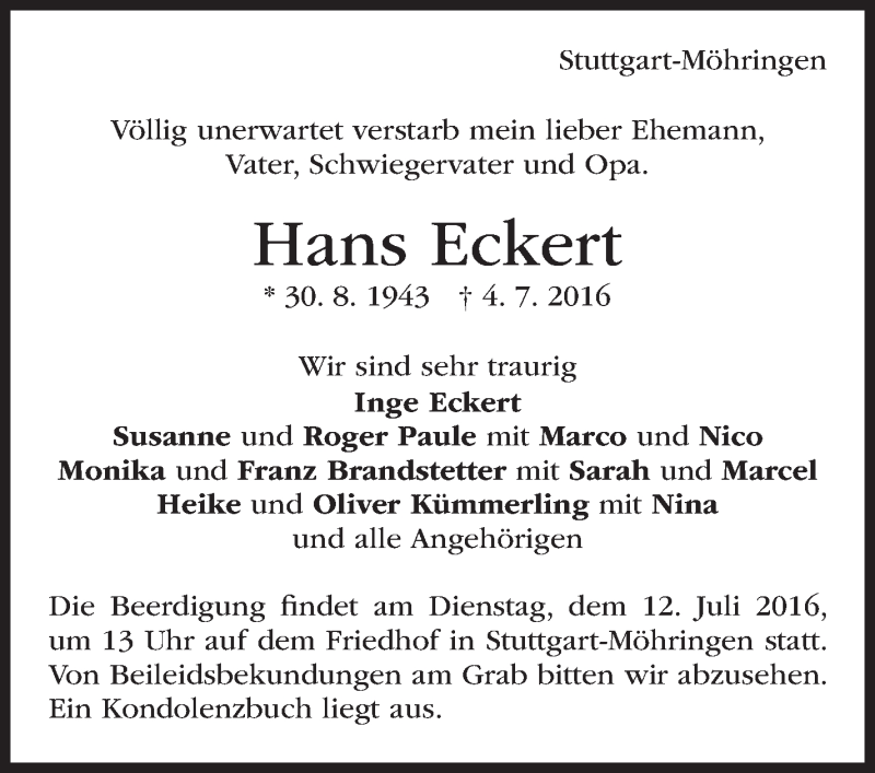  Traueranzeige für Hans Eckert vom 08.07.2016 aus Stuttgarter Zeitung / Stuttgarter Nachrichten