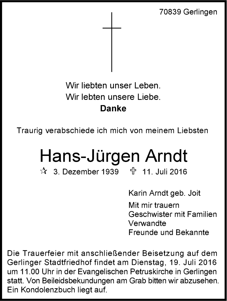  Traueranzeige für Hans-Jürgen Arndt vom 16.07.2016 aus Stuttgarter Zeitung / Stuttgarter Nachrichten